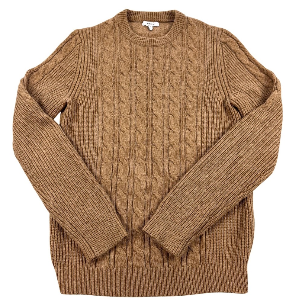 Reiss Matthew Mens Small Brown Cable Knit Wool Cashmere‎ Blend Crewneck Sweater